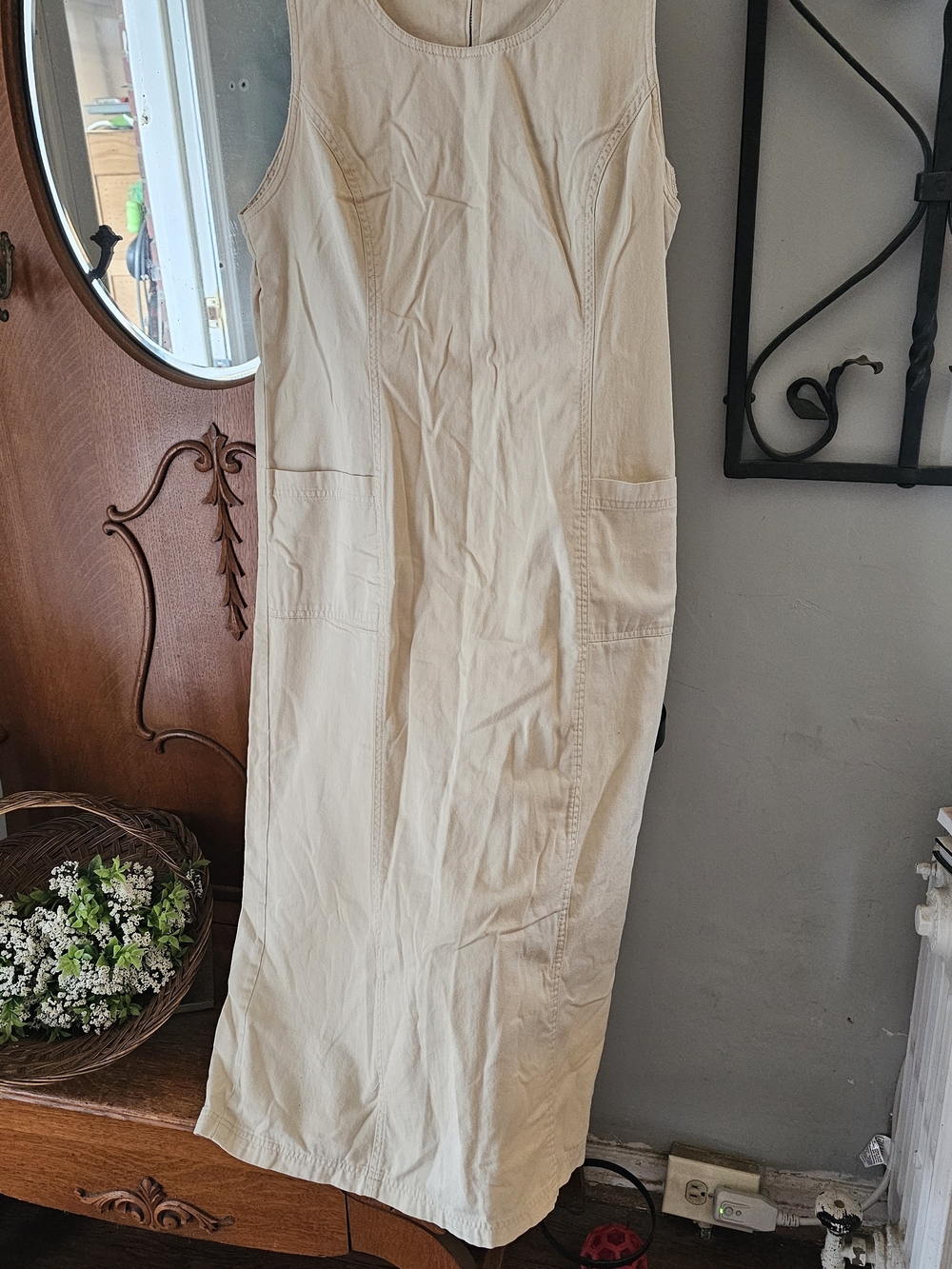 Vintage Crossroads Cream Cotton Midi Dress Utility Pocket Sleeveless Minimalist
